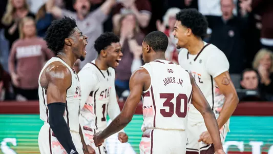 STARKVILLE, MS - February 25, 2023 - Mississippi State Guard/Forward Cameron Matthews (#4) Mississippi State Guard Shawn Jones Jr (#30) Mississippi State Forward Tolu Smith (#1) Mississippi State Guard Dashawn "Rams" Davis (#10) during the game between the Texas A&M Aggies and the Mississippi State Bulldogs at Humphrey Coliseum in Starkville, MS. Photo By Kylee Palombo