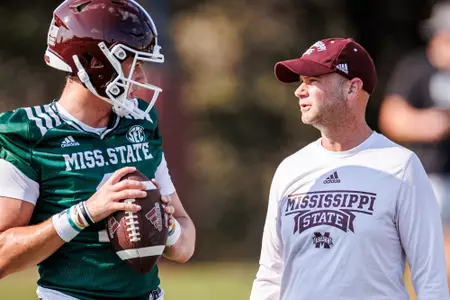 STARKVILLE, MS - March 07, 2023 - Mississippi State Offensive Coordinator Kevin Barbay during spring practice at the Leo Seal Jr. Football Complex at Mississippi State University in Starkville, MS. Photo By Kevin Snyder