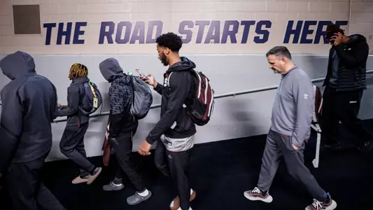 DAYTON, OH - March 13, 2023 - Mississippi State Guard Martavious Russell (#21), Mississippi State Guard Justin Rumph (#15) and Mississippi State Head Coach Chris Jans during shoot around at University of Dayton Arena in Dayton, Ohio. Photo By Mike Mattina
