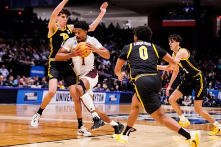DAYTON, OH - March 14, 2023 - Mississippi State Forward Tolu Smith (#1) during the game between the Pitt Panthers and the Mississippi State Bulldogs at Dayton Arena in Dayton, OH. Photo By Mike Mattina
