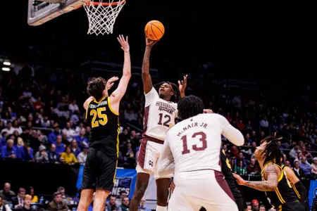 DAYTON, OH - March 14, 2023 - Mississippi State Forward KeShawn Murphy (#12) during the game between the Pitt Panthers and the Mississippi State Bulldogs at Dayton Arena in Dayton, OH. Photo By Mike Mattina