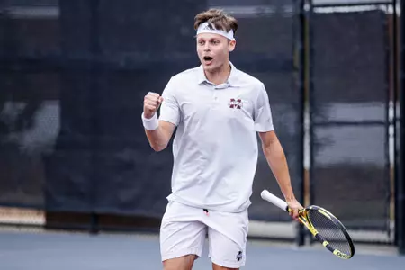 STARKVILLE, MS - March 11, 2023 - Mississippi State's Ewen Lumsden during the match between the Texas A&M Aggies and the Mississippi State Bulldogs at the AJ Pitts Tennis Centre in Starkville, MS. Photo By Will Porada