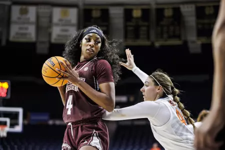SOUTH BEND, IN - March 15, 2023 - Mississippi State Forward/Center Jessika Carter (#4) during 2023 Women’s Basketball NCAA Tournament First Four Game between the Illinois Fighting Illini and the Mississippi State Bulldogs at Purcell Pavilion in South Bend, IN. Photo By Kevin Snyder