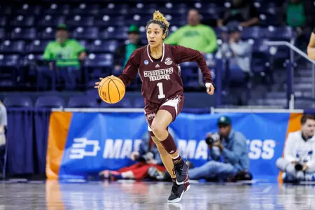 SOUTH BEND, IN - March 17, 2023 - Mississippi State Guard Ahlana Smith (#1) during 2023 Women’s Basketball NCAA Tournament First Round Game between the Creighton Blue Jays and the Mississippi State Bulldogs at Purcell Pavilion in South Bend, IN. Photo By Kevin Snyder