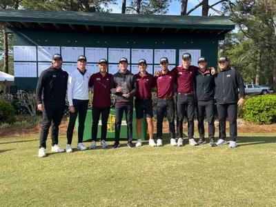 The Mississippi State men's golf team at the awards ceremony at the Schenkel Invitational in Statesboro, Ga.