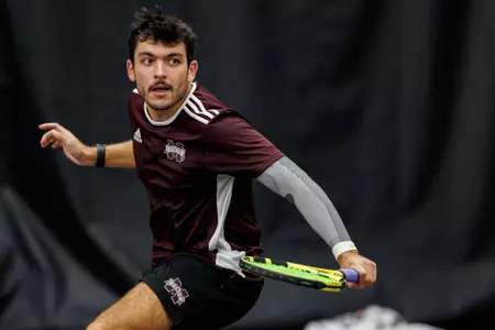 STARKVILLE, MS - January 22, 2023 - Mississippi State's Patrick Lazo during the match between the Tennessee State Tigers and the Mississippi State Bulldogs at the Rula Tennis Pavilion in Starkville, MS. Photo By Ivy Ball