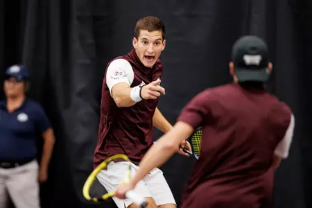STARKVILLE, MS - March 19, 2023 - Mississippi State's Petar Jovanovic during the match between the South Carolina Gamecocks and the Mississippi State Bulldogs at the Rula Tennis Pavilion in Starkville, MS. Photo By Laura Parsley