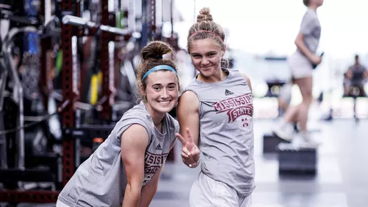STARKVILLE, MS - March 08, 2023 - Mississippi State Forward Morgan English (#13) and Mississippi State Defender Kelsey Clay (#25) during Soccer workouts in Shira Complex in Starkville, MS. Photo By Will Porada