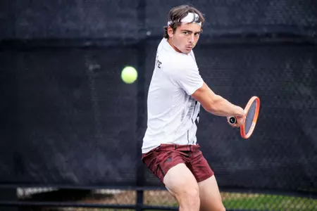 STARKVILLE, MS - March 11, 2023 - Mississippi State's Nemanja Malesevic during the match between the Belmont Bruins and the Mississippi State Bulldogs at the AJ Pitts Tennis Centre in Starkville, MS. Photo By Will Porada
