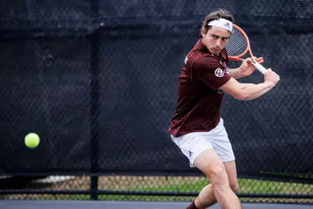 STARKVILLE, MS - March 11, 2023 - Mississippi State's Nemanja Malesevic during the match between the Texas A&M Aggies and the Mississippi State Bulldogs at the AJ Pitts Tennis Centre in Starkville, MS. Photo By Will Porada