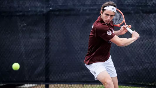 STARKVILLE, MS - March 11, 2023 - Mississippi State's Nemanja Malesevic during the match between the Texas A&M Aggies and the Mississippi State Bulldogs at the AJ Pitts Tennis Centre in Starkville, MS. Photo By Will Porada