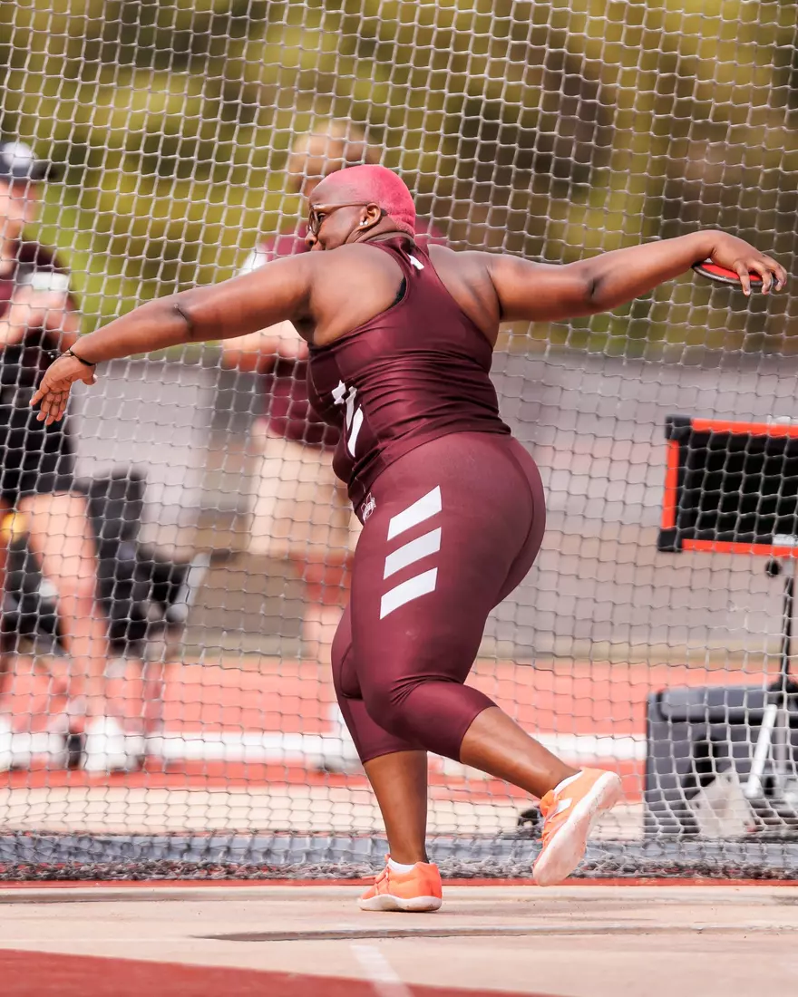 STARKVILLE, MS - March 24, 2023 - Mississippi State Thrower Rickea Atkins during the Bulldog Relays at the Mike Sanders Track Complex in Starkville, MS. Photo By Mike Mattina