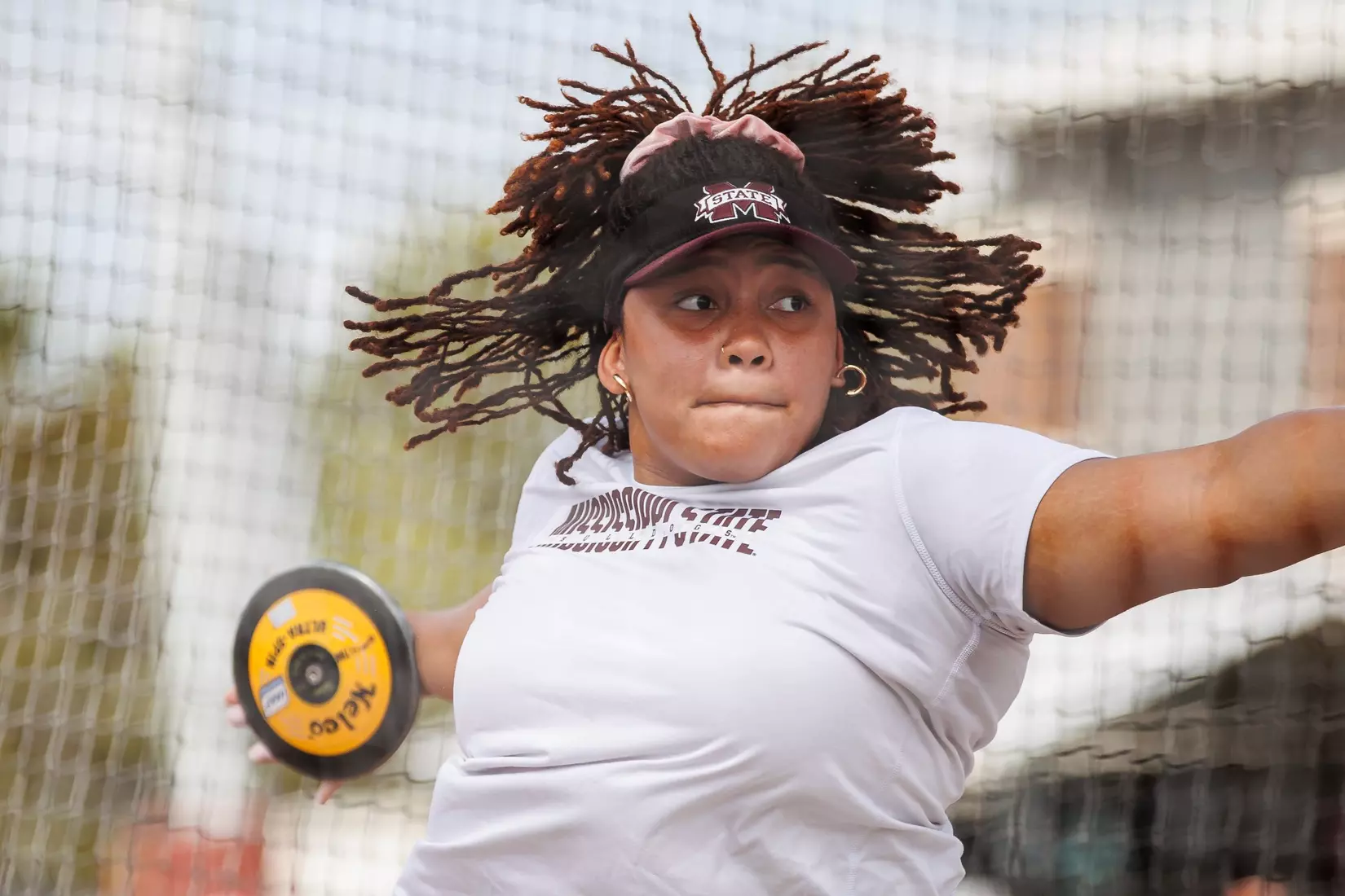 STARKVILLE, MS - March 24, 2023 - Mississippi State Thrower Jhordyn Stallworth during the Bulldog Relays at the Mike Sanders Track Complex in Starkville, MS. Photo By Mike Mattina