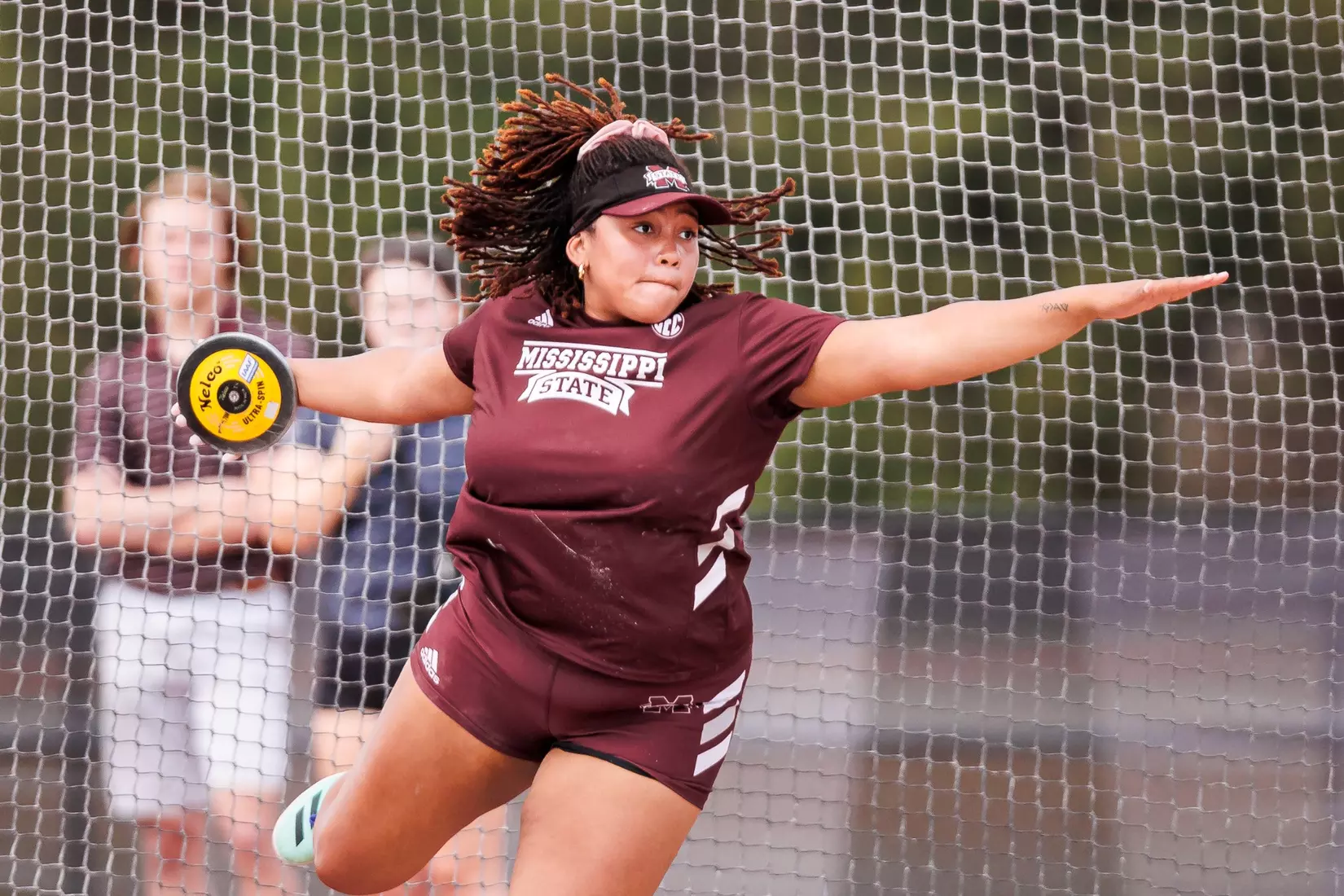 STARKVILLE, MS - March 24, 2023 - Mississippi State Thrower Jhordyn Stallworth during the Bulldog Relays at the Mike Sanders Track Complex in Starkville, MS. Photo By Mike Mattina