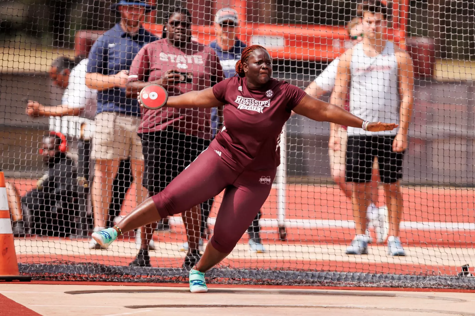STARKVILLE, MS - March 24, 2023 - Mississippi State Thrower Tafada Wright during the Bulldog Relays at the Mike Sanders Track Complex in Starkville, MS. Photo By Mike Mattina