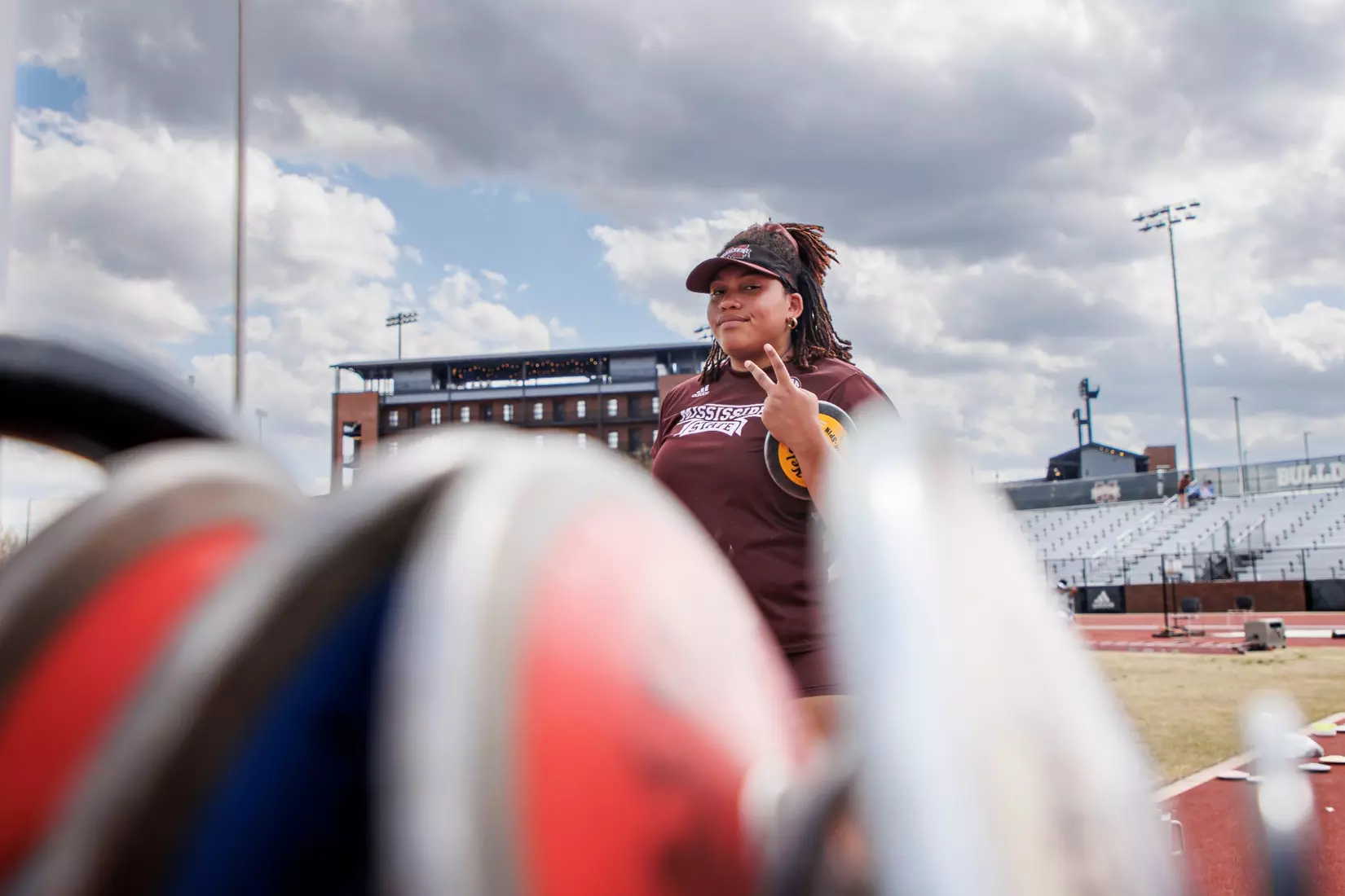 STARKVILLE, MS - March 24, 2023 - Mississippi State Thrower Jhordyn Stallworth during the Bulldog Relays at the Mike Sanders Track Complex in Starkville, MS. Photo By Mike Mattina