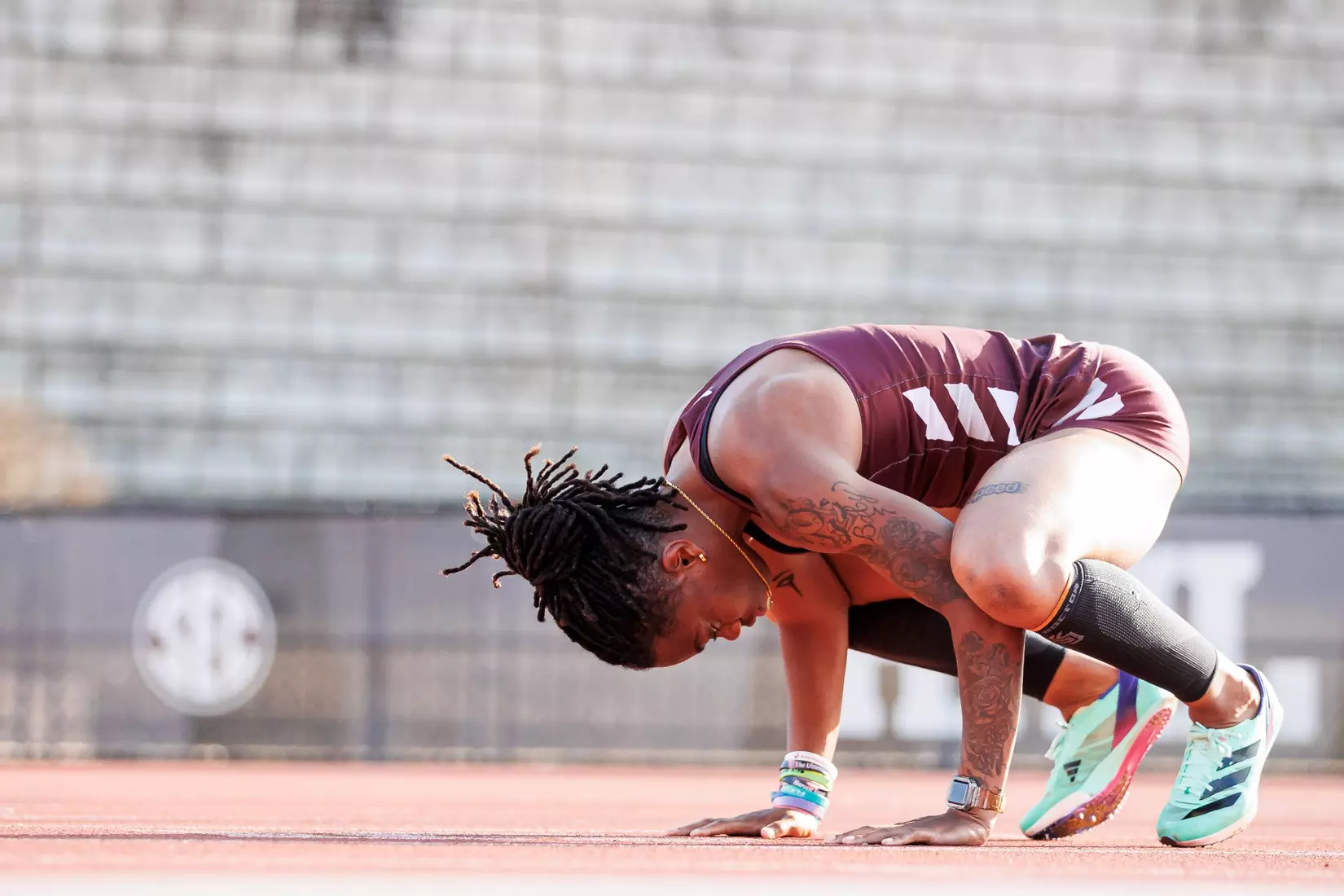 STARKVILLE, MS - March 24, 2023 - Mississippi State Sprinter Kamaya Debose-Epps during the Bulldog Relays at the Mike Sanders Track Complex in Starkville, MS. Photo By Mike Mattina