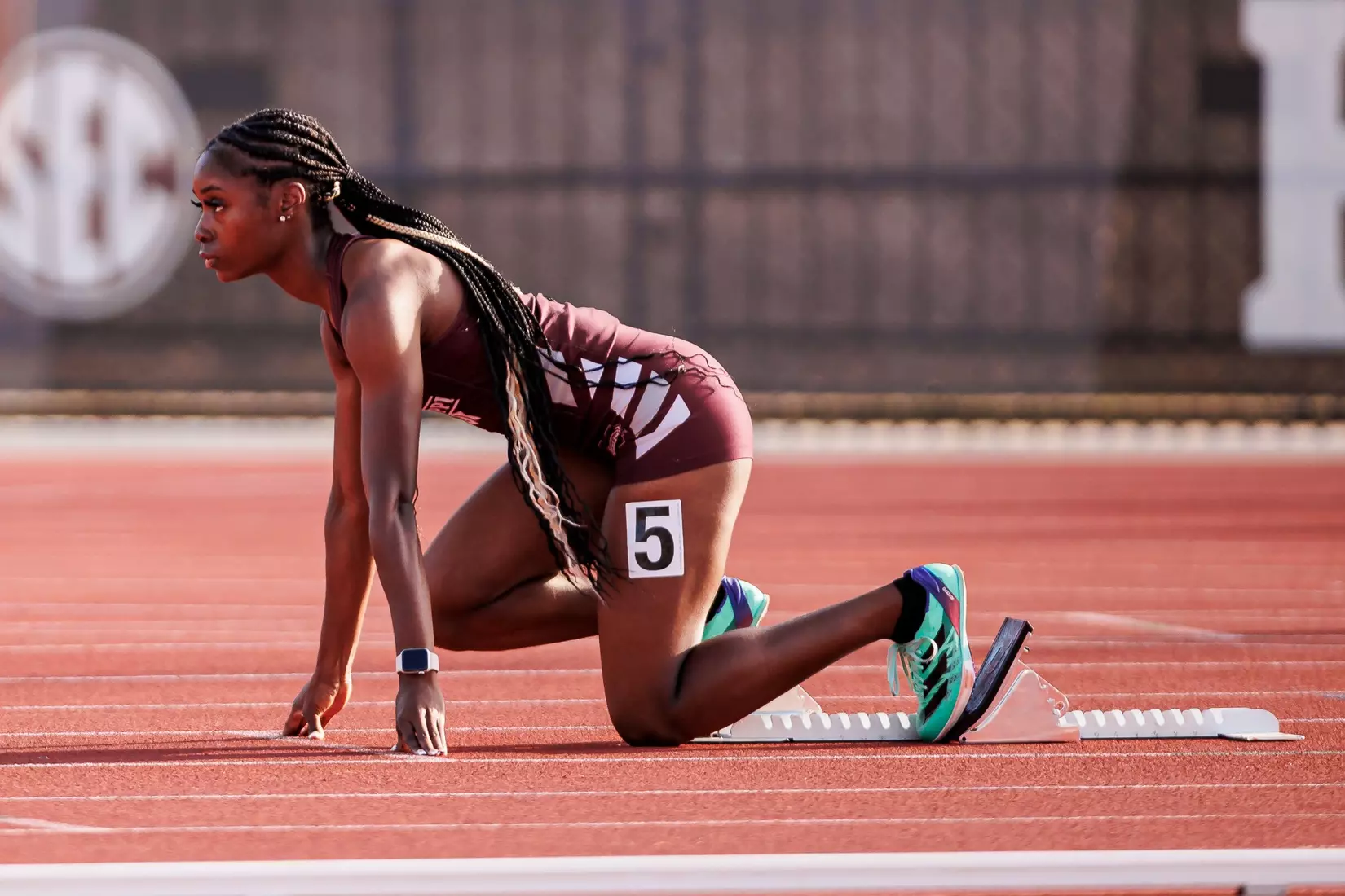 STARKVILLE, MS - March 24, 2023 - Mississippi State Sprinter McKenzie Calloway during the Bulldog Relays at the Mike Sanders Track Complex in Starkville, MS. Photo By Mike Mattina