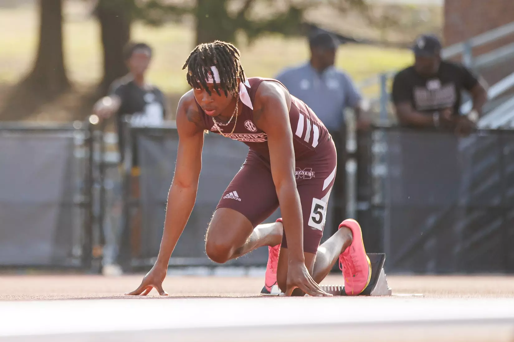 STARKVILLE, MS - March 24, 2023 - Mississippi State Sprinter Doval Simmonds during the Bulldog Relays at the Mike Sanders Track Complex in Starkville, MS. Photo By Mike Mattina