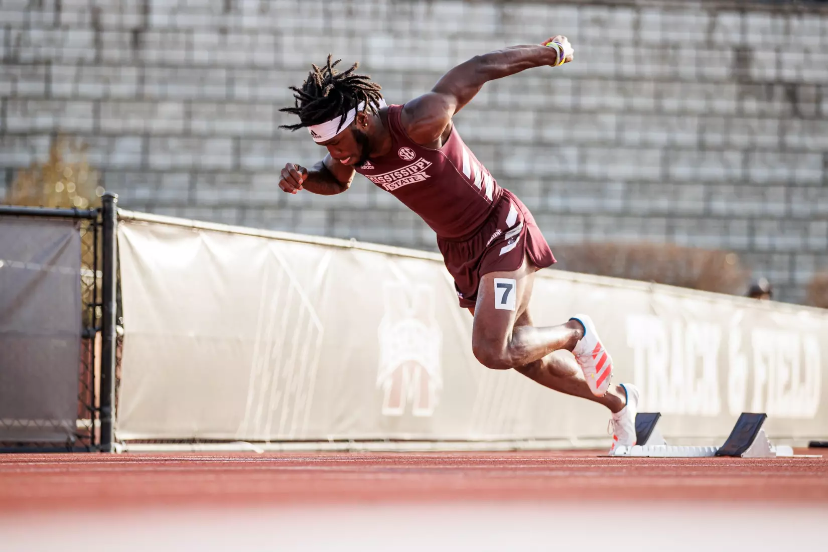 STARKVILLE, MS - March 24, 2023 - Mississippi State Sprinter Sema'J Daniels during the Bulldog Relays at the Mike Sanders Track Complex in Starkville, MS. Photo By Mike Mattina