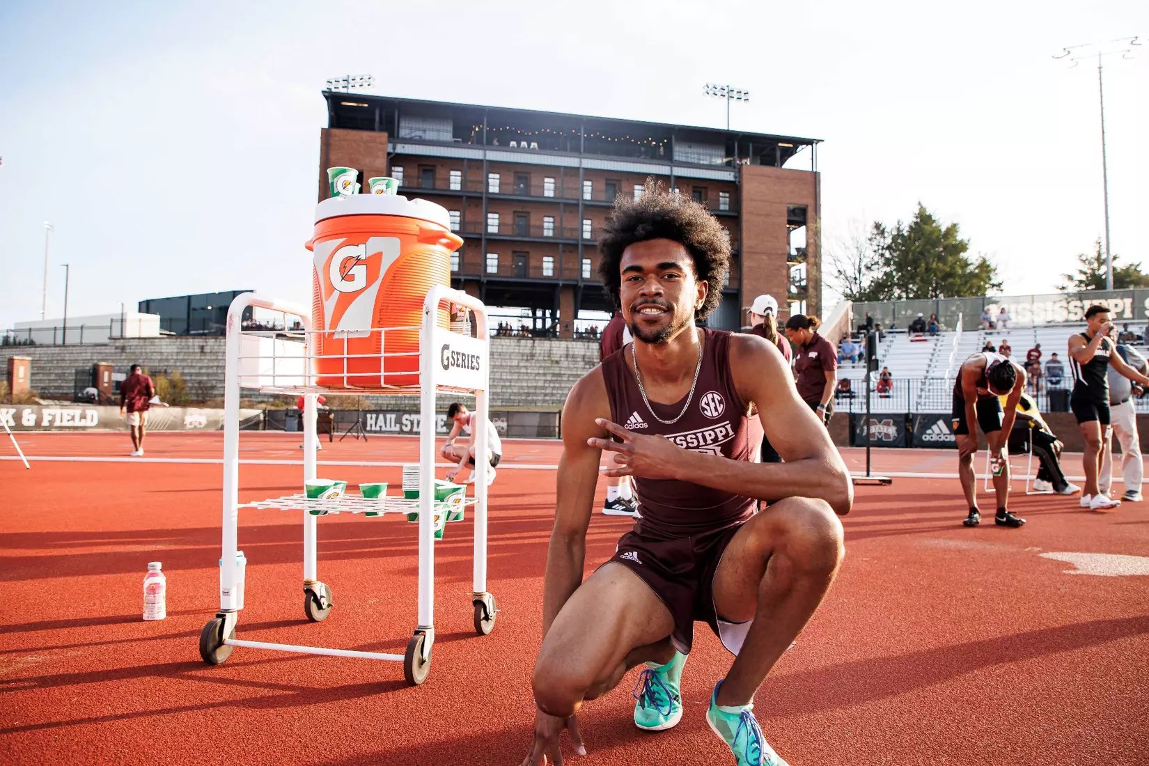 STARKVILLE, MS - March 24, 2023 - Mississippi State Sprinter Omari Hammond during the Bulldog Relays at the Mike Sanders Track Complex in Starkville, MS. Photo By Mike Mattina