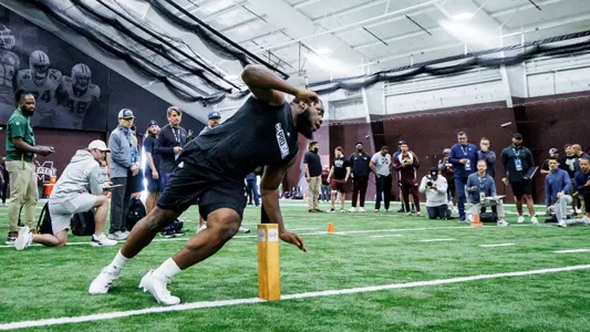 STARKVILLE, MS - March 28, 2023 - Mississippi State Defensive Tackle Cameron Young (#93) during the 2023 Pro Day in the Palmeiro Center at Mississippi State University in Starkville, MS. Photo By Mike Mattina