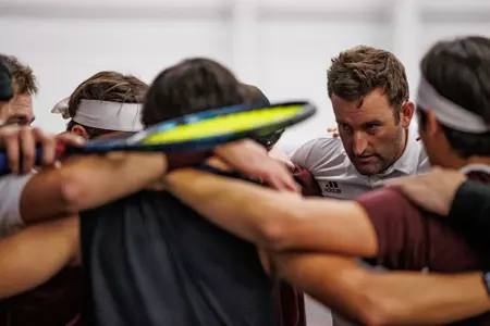 STARKVILLE, MS - March 19, 2023 - Mississippi State Head Coach Matt Roberts with the Mississippi State Bulldogs during the match between the South Carolina Gamecocks and the Mississippi State Bulldogs at the Rula Tennis Pavilion in Starkville, MS. Photo By Laura Parsley
