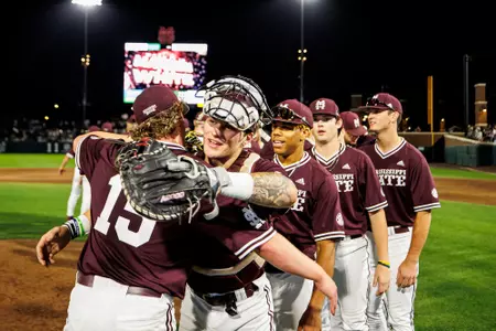 STARKVILLE, MS - March 31, 2023 - Mississippi State Pitcher Cade Smith (#15) and Mississippi State Catcher Ross Highfill (#22) during the game between the South Carolina Gamecocks and the Mississippi State Bulldogs at Dudy Noble Field at Polk-Dement Stadium in Starkville, MS. Photo By Mike Mattina