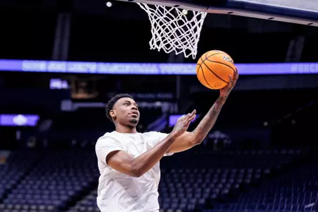 NASHVILLE, TN - March 08, 2023 - Mississippi State Forward DJ Jeffries (#0) during shoot around before the SEC Tournament at Bridgestone Arena in Nashville, TN. Photo By Mike Mattina
