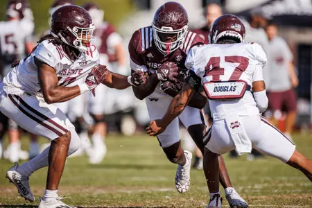 STARKVILLE, MS - March 28, 2023 - Mississippi State Tight End Ty Cooper (#95) during spring practice at the Leo Seal Jr. Football Complex at Mississippi State University in Starkville, MS. Photo By Jaden Powell