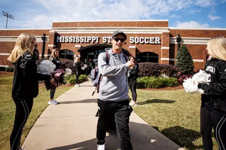 STARKVILLE, MS - November 16, 2022 - Mississippi State Head Coach James Armstrong during send off to the NCAA Tournament at the MSU Soccer Field in Starkville, MS. Photo By Mike Mattina