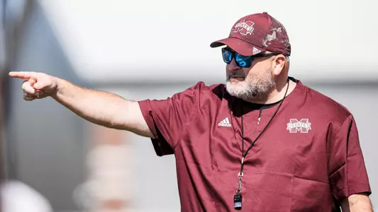 STARKVILLE, MS - March 30, 2023 - Mississippi State Offensive Line Coach Will Friend during spring practice at the Leo Seal Jr. Football Complex at Mississippi State University in Starkville, MS. Photo By Jaden Powell