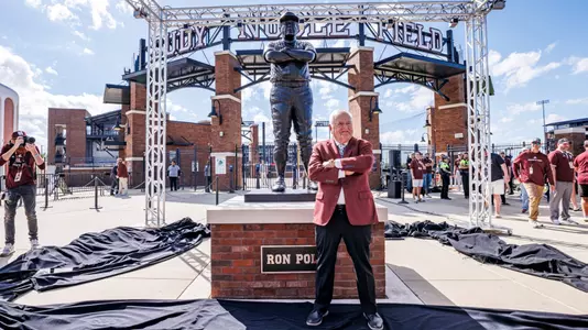 STARKVILLE, MS - April 14, 2023 - \polk during the Ron Polk Statue Unveiling Ceremony at Dudy Noble Field at Polk-Dement Stadium in Starkville, MS. Photo By Kevin Snyder