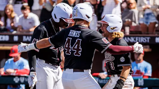 STARKVILLE, MS - April 16, 2023 - Mississippi State Infielder David Mershon (#3), Mississippi State Outfielder Dakota Jordan (#42) and Mississippi State Infielder/Outfielder Hunter Hines (#44) during the game between the Ole Miss Rebels and the Mississippi State Bulldogs at Dudy Noble Field at Polk-Dement Stadium in Starkville, MS. Photo By Jaden Powell