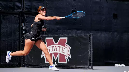 STARKVILLE, MS - April 16, 2023 - Mississippi State's Gia Cohen during the match between the Tennessee Volunteers and the Mississippi State Bulldogs at the AJ Pitts Tennis Centre in Starkville, MS. Photo By Laura Parsley