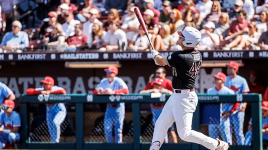 STARKVILLE, MS - April 16, 2023 - Mississippi State Infielder/Outfielder Hunter Hines (#44) during the game between the Ole Miss Rebels and the Mississippi State Bulldogs at Dudy Noble Field at Polk-Dement Stadium in Starkville, MS. Photo By Jaden Powell