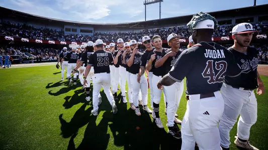 STARKVILLE, MS - April 16, 2023 - The Mississippi State Bulldogs after the game between the Ole Miss Rebels and the Mississippi State Bulldogs at Dudy Noble Field at Polk-Dement Stadium in Starkville, MS. Photo By Jaden Powell