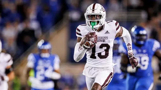 LEXINGTON, KY - October 15, 2022 - Mississippi State Defensive Back Emmanuel Forbes (#13) returns his SEC Record fourth interception for a touchdown during the game between the Mississippi State Bulldogs and the Kentucky Wildcats at Kroger Field in Lexington, KY. Photo By Kevin Snyder
