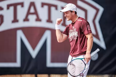 STARKVILLE, MS - February 25, 2023 - Mississippi State's Michal Novansky during the match between the Tennessee Tech Golden Eagles and the Mississippi State Bulldogs at the AJ Pitts Tennis Centre in Starkville, MS. Photo By Ivy Ball