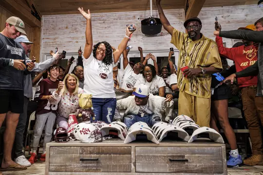 VAIDEN, MS - April 27, 2023 - Former Mississippi State Cornerback Emmanuel Forbes Jr. (#13) and family and guests celebrate Forbes being drafted 16th overall by the Washington Commanders during the 2023 2023 NFL Draft at Deep South Game Ranch in Vaiden, MS. Photo By Kevin Snyder