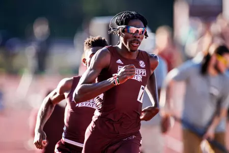 STARKVILLE, MS - April 28, 2023 - Mississippi State Sprinter Navasky Anderson during the Maroon and White Invite at the Mike Sanders Track Complex in Starkville, MS. Photo By Mike Mattina