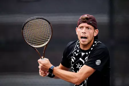 STARKVILLE, MS - February 25, 2023 - Mississippi State's Gregor Ramskogler during the match between the University of Alabama Birmingham Blazers and the Mississippi State Bulldogs at the AJ Pitts Tennis Centre in Starkville, MS. Photo By Laura Parsley
