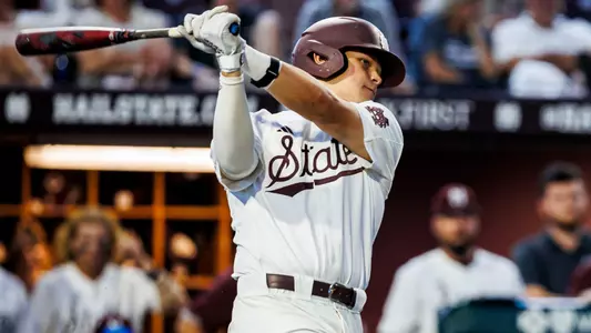 STARKVILLE, MS - May 06, 2023 - Mississippi State Infielder/Outfielder Hunter Hines (#44) during the game between the Arkansas Razorbacks and the Mississippi State Bulldogs at Dudy Noble Field at Polk-Dement Stadium in Starkville, MS. Photo By Ivy Ball