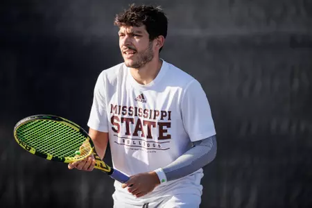 STARKVILLE, MS - February 05, 2023 - Mississippi State's Patrick Lazo during the match between the Jackson State Tigers and the Mississippi State Bulldogs at the Rula Tennis Pavilion in Starkville, MS. Photo By Ivy Ball