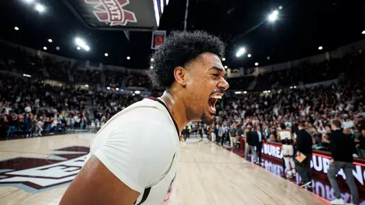 STARKVILLE, MS - February 25, 2023 - Mississippi State Forward Tolu Smith (#1) reacts during the game between the Texas A&M Aggies and the Mississippi State Bulldogs at Humphrey Coliseum in Starkville, MS. Photo By Mike Mattina