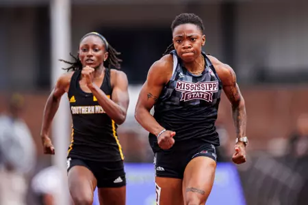 STARKVILLE, MS - April 29, 2023 - Mississippi State Sprinter Kamaya Debose-Epps during the Maroon and White Invite at the Mike Sanders Track Complex in Starkville, MS. Photo By Jaden Powell
