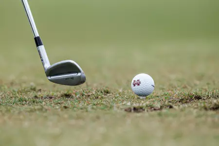 Golf club about to hit a golf ball on a tee.