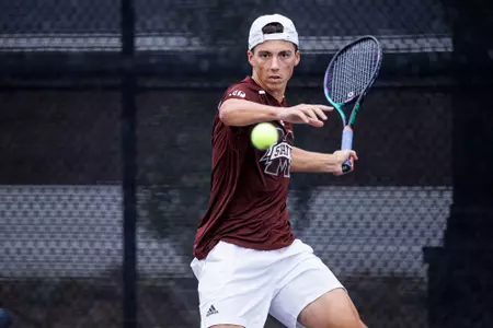 STARKVILLE, MS - March 11, 2023 - Mississippi State's Benito Sanchez Martinez during the match between the Texas A&M Aggies and the Mississippi State Bulldogs at the AJ Pitts Tennis Centre in Starkville, MS. Photo By Will Porada