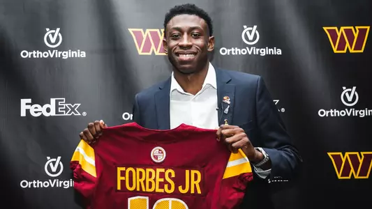 ASHBURN, VA - April 28, 2023 - Former Mississippi State Cornerback and Washington Commanders 2023 First Round Draft Pick Emmanuel Forbes Jr (#13) during Forbes?s press conference at OrthoVirginia Training Center at Commanders Park in Ashburn, VA. Photo By Kourtney Carroll
