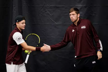 STARKVILLE, MS - March 11, 2023 - Mississippi State's Nemanja Malesevic and Gregor Ramskogler during the match between the Belmont Bruins and the Mississippi State Bulldogs at the AJ Pitts Tennis Centre in Starkville, MS. Photo By Will Porada